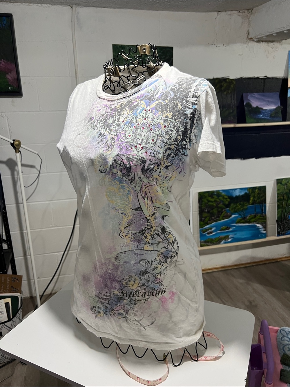 White Short Sleeve Graphic Tee with Pastel Multi-Color Accents